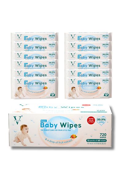 Vielor Baby Wipes, 99.9% Water Based, Biodegradable, For Sensitive Skin, 720 Count (12 Packs x60).