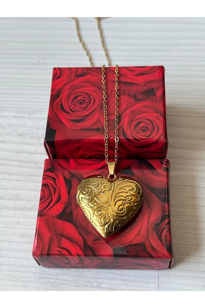 İYİ MODA Flower Patterned Steel Necklace with Opening Inside |   Heart Necklace with Picture Placed Cover |   Gift Necklace for Lover