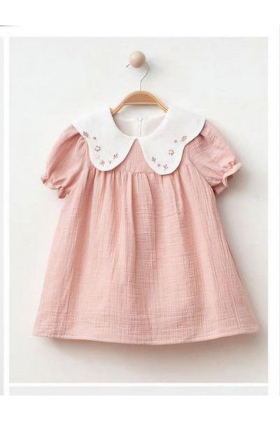 Baby Soft Textured 100% Muslin Baby Girl Dress with Baby Collar