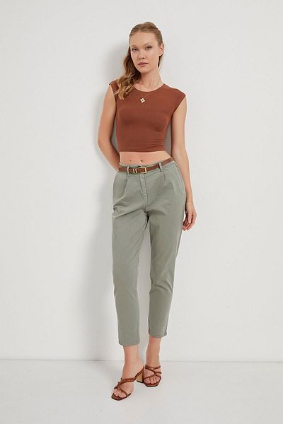 Arma Life Women's Belted Basic High Waist Khaki Carrot Pants