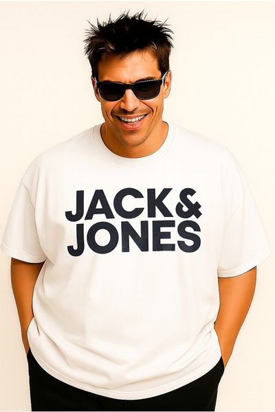Jack & Jones Ανδρικό μπλουζάκι με στάμπα λευκό Crew λαιμόκοψη Plus Size