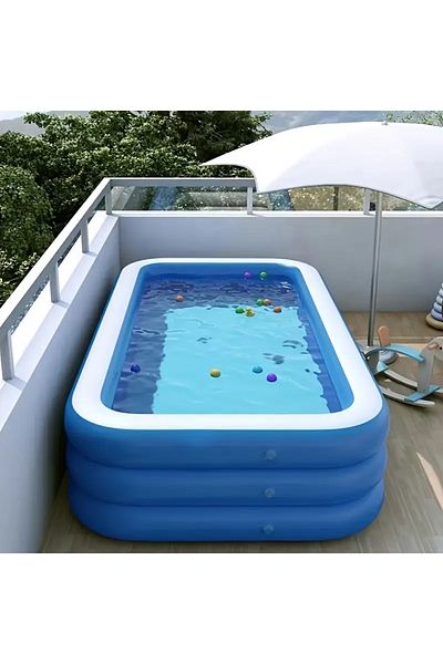 Joyful Box Inflatable Pool With 3 Rings, , 200x120x54, Blue