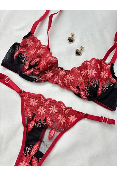İNKO İÇ GİYİM Economical Floral Underwire Uncovered Tulle Bra Set (Bra Tanga)