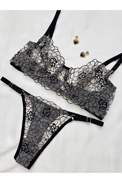 İNKO İÇ GİYİM Set sutien economic cu sârmă florală fără capac din tul (SUTEN TANGA)