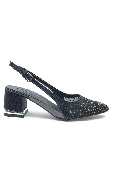 Kocamanlar Ayakkabı Feles Open Back Transparent Stone Detailed Cinderella Women's Short Heeled Shoes Black