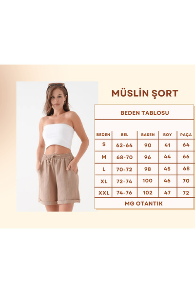 Butik Kadın %100 Pamuk Vizon Müslin Şort Beli Lastikli Çift Cepli Mg2025