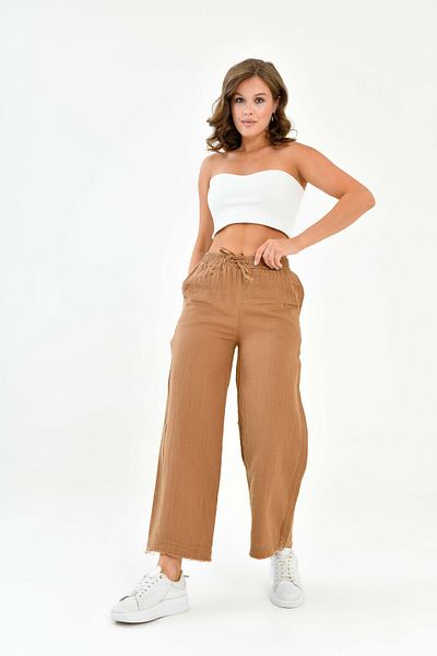 Butik Pantaloni largi de damă, 100% bumbac, muselină de vară, cu picioare largi Mg001