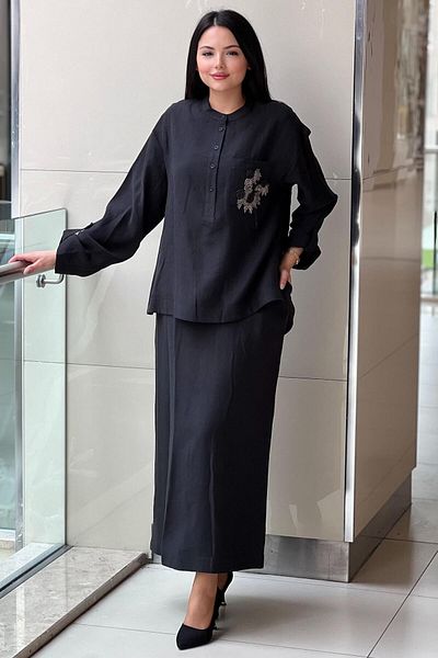 Nurcan Çetin Judge Collar Pocket Worked Tunic Skirt Suit