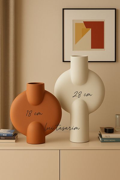 Lui Tasarım Cream and Cream-Colored Ceramic 2-Piece Vase Nordic Japanese Style Trend Decoration