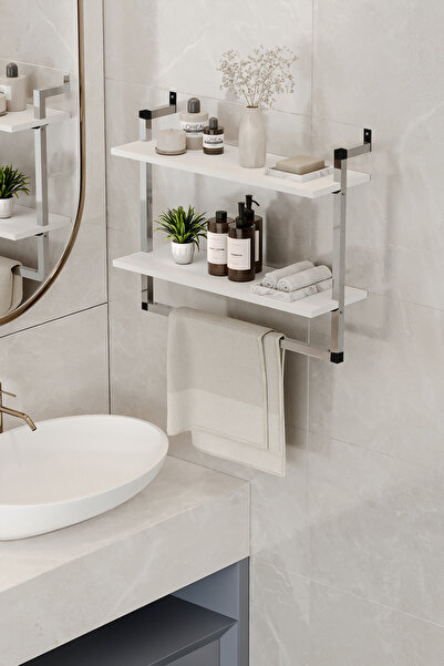 Euromob 60x20 cm Banyo Rafı Duvara Monte Havluluk 2 Katlı Dekoratif Düzenleyici Organizer Krom Metal