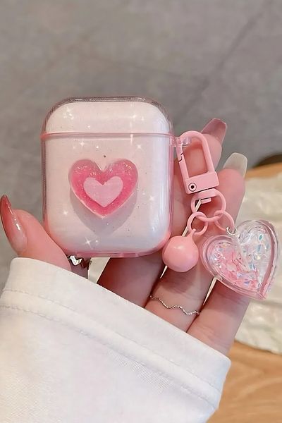 Fibaks AirPods 1St Generation and 2Nd Generation Compatible 3D Glittery Pink Heart Clasp Headphone Case