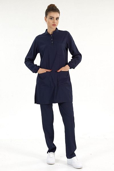 ÇİZGİ MEDİKAL Costum de lux Lycra Doctor Nurse, albastru bleumarin, cu guler în picioare, cu hijab