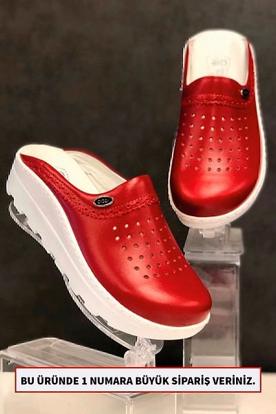ÇİZGİ MEDİKAL Genuine Leather Red Women's Sabo Slippers Orthopedic Doctor Nurse Hospital Slippers