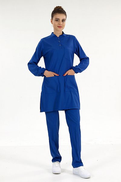 ÇİZGİ MEDİKAL Saks Blue Lycra de lux Costum Hijab cu guler predominant Doctor Nurse Scrubs cu braț lung Partea de jos