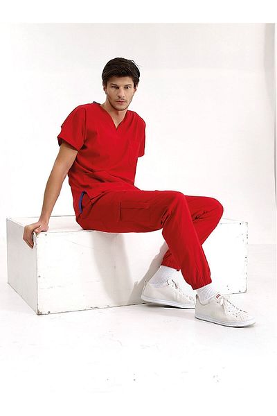 ÇİZGİ MEDİKAL Scrubs de înaltă calitate Lycra Red Jogger pentru picioare - Cu set de uniforme de lux
