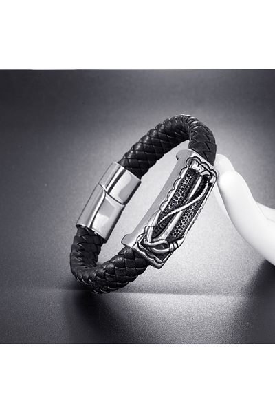 Generic Men's Genuine Leather Bracelet Black Color Magnetic Buckle Braided Bracelet
