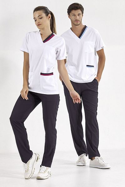 ÇİZGİ MEDİKAL Tricou de lux Lycra Doctor Nurse cu guler dublu albastru cireș (jos+top)