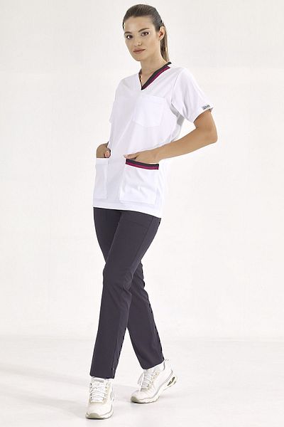 ÇİZGİ MEDİKAL Tricou de lux Lycra Doctor Nurse cu guler dublu albastru cireș (jos+top)