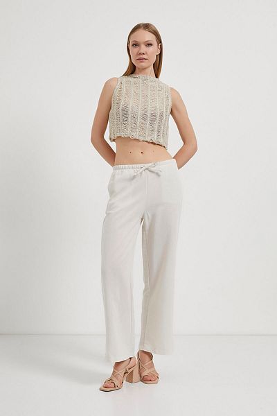 Arma Life Women's Linen Look Elastic Casual Ecru Trousers