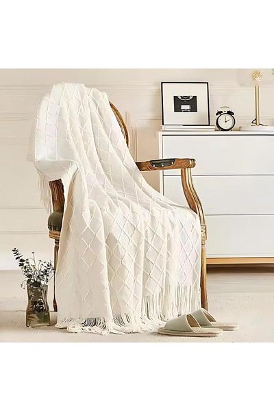 Generic Knitted Blanket, Sofa Blanket, Tassel Blanket White 127 X 172cm