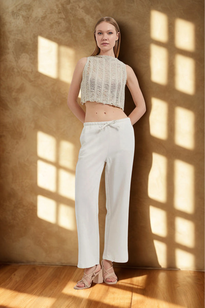 Arma Life Women's Linen Look Elastic Casual Ecru Trousers