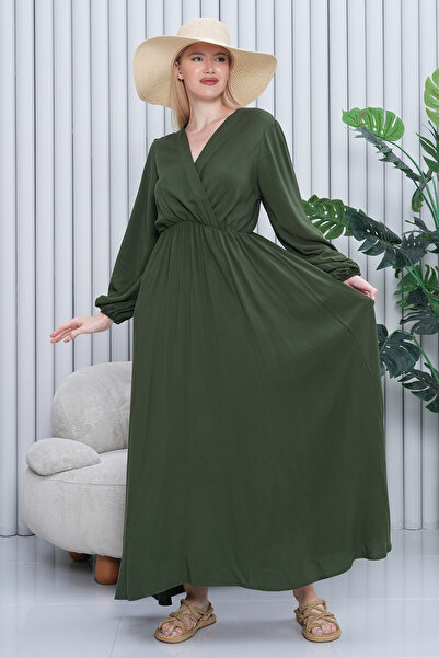 EL jadida Women's Double Breasted Collar Plus Size Viscose Long Dress Khaki