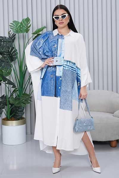 EL jadida Women's Denim Printed Plus Size Viscose Long Dress White
