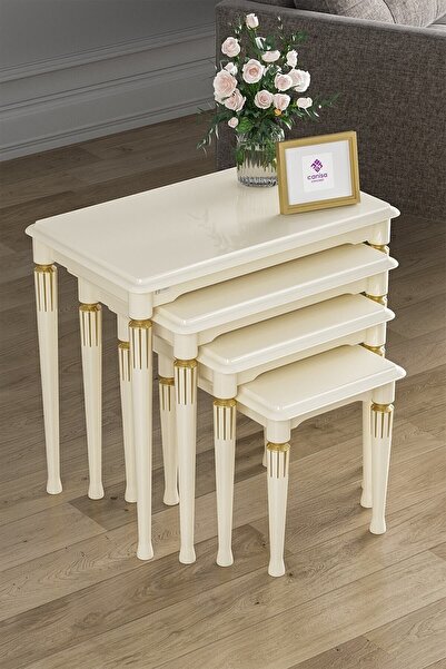 Canisa Concept Zeyra Serisi, Mdf Ve Lake Boyalı Avangart 4'lü Zigon Sehpa Takımı , Krem Sehpa Krem Ayak