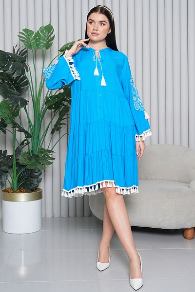 EL jadida Women's Embroidered Tassel Plus Size Viscose Short Dress Blue
