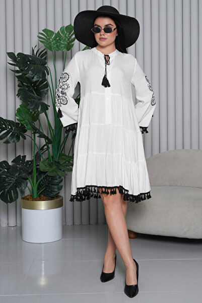 EL jadida Γυναικείο Κεντημένο Φούντες Plus Size Κοντό Φόρεμα Βισκόζης Λευκό