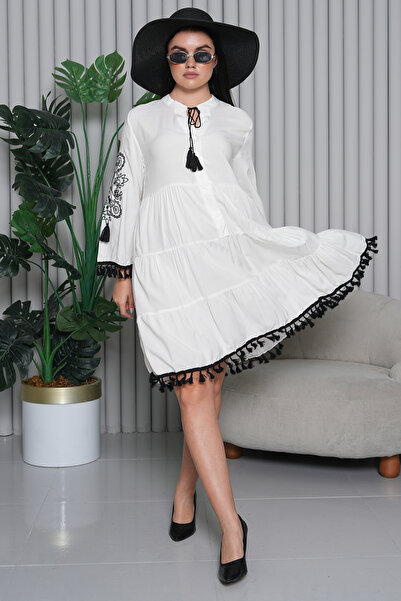 EL jadida Γυναικείο Κεντημένο Φούντες Plus Size Κοντό Φόρεμα Βισκόζης Λευκό