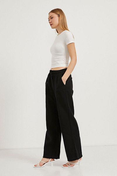Arma Life Women's Elastic Waist Wide Leg Baggy Black Trousers