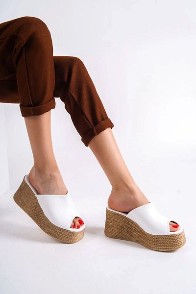 sefayol White Matte Leather Wedge Heeled Women's Slippers - Darin