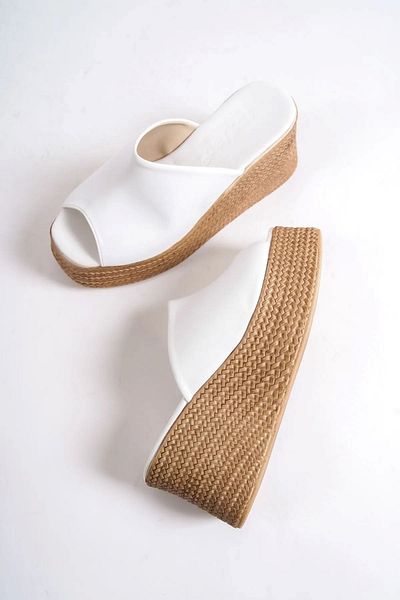 sefayol White Matte Leather Wedge Heeled Women's Slippers - Darin
