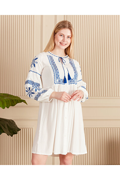 EL jadida Γυναικείο Κεντημένο Φούντες Plus Size Κοντό Φόρεμα Βισκόζης Λευκό