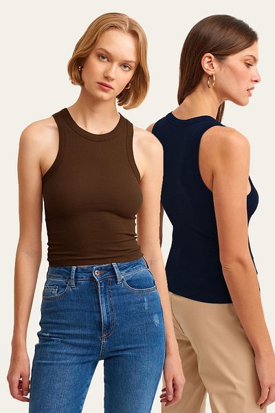 la & vetta Pack of 2 Brown Navy Blue Ribbed Halter Collar Knitted Tank Top