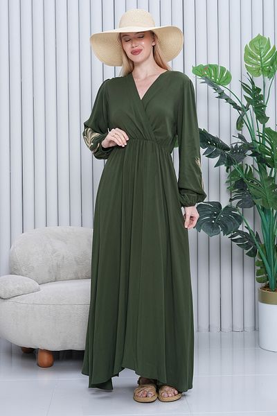 EL jadida Women's Double Breasted Collar Plus Size Viscose Long Dress Khaki