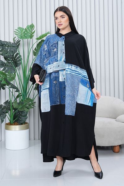 EL jadida Women's Denim Printed Plus Size Viscose Long Dress Black Blue