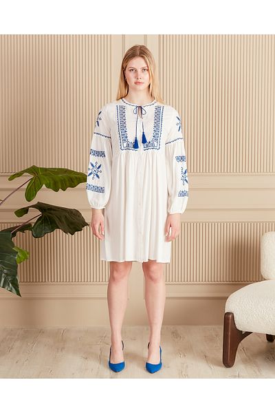 EL jadida Women's Embroidered Tassel Plus Size Viscose Short Dress White
