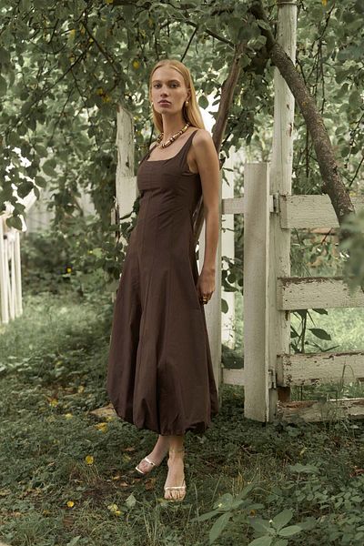 MAİ COLLECTİON Garda Long Brown Balloon Dress