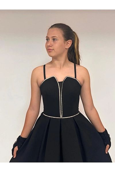 Erkut Girl's Crepe Fabric Short Black Color Evening Dress