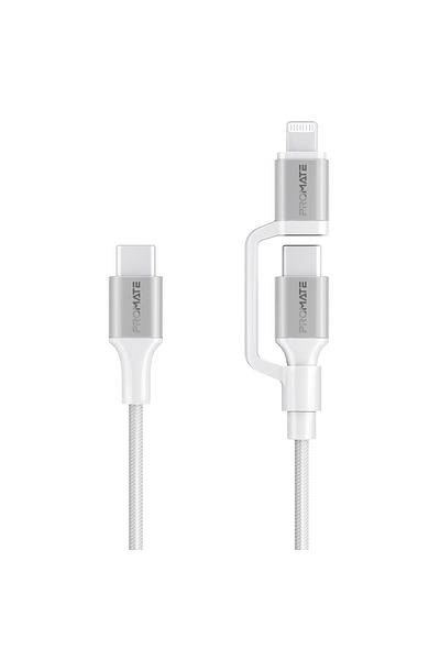 Promate High-Speed 3-in-1 MFI Certified Lightning and USB-C Cable, 60W USB-C and 27W Lightning Outpu