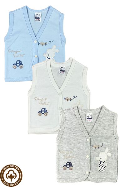 Miniel 3-Piece Unisex Baby Vest Set - Cross Stitch, Rabbit Embroidered, Organic Cotton, 3-6-9 Months