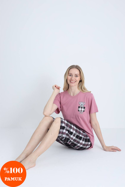 shopshop طقم بيجامة كابري برمودا نسائي وردي 100% قطن كوالا منقوش صيفي بأكمام قصيرة وجيب