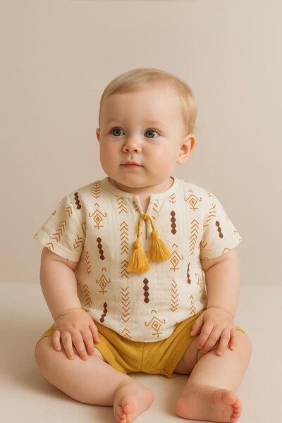 Necix's ETNİK DESENLİ MÜSLİN BEBEK TAKIMI SARI ŞORTLU YAZLIK KOMBİN