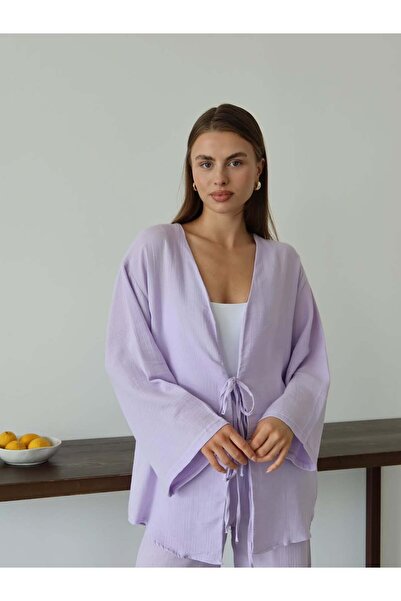 manana fashion LİLA MOR MÜSLİN KUMAŞ BAĞLAMALI KİMONO BLUZ PANTOLON TAKIM