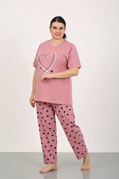 shopshop Women's Pink 100% Cotton Heart Detailed Oversize Large Size Short Sleeve Summer Pajama Set