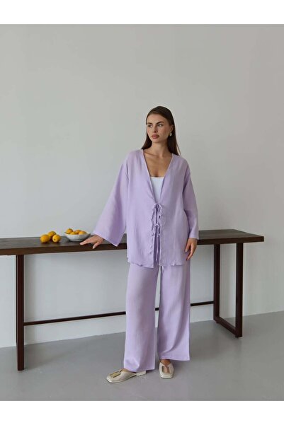 manana fashion LİLA MOR MÜSLİN KUMAŞ BAĞLAMALI KİMONO BLUZ PANTOLON TAKIM