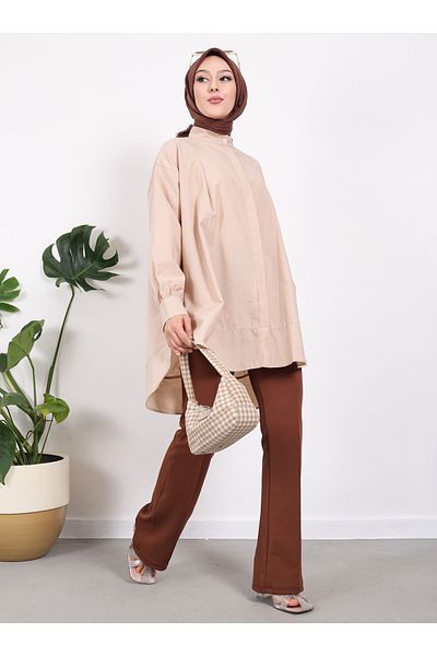 VAV Stone Colored Tunic with Sleeve Piping - Vav