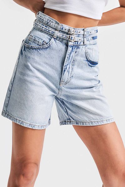its basic Women's Denim Color 4S5-3 Midi Length Double Belted 100% Cotton Design Denim Shorts